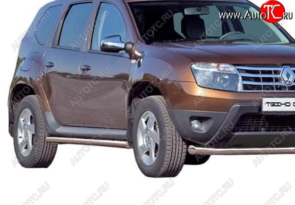 7 999 р. Защита порогов ТехноСфера (Техно Сфера) (Сталь с покрытием, 63.5 mm)  Renault Duster  HS (2010-2015) дорестайлинг (цвет: Серебристый)  с доставкой в г. Королёв