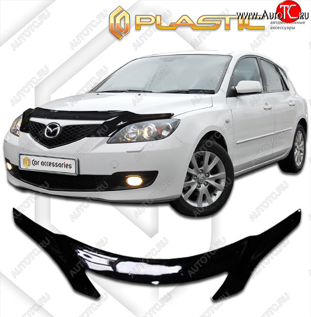 2 599 р. Дефлектор капота (exclusive) CA-Plastic  Mazda 3/Axela  BK (2003-2009) дорестайлинг, хэтчбэк, рестайлинг, хэтчбэк (Classic чёрный, Без надписи)  с доставкой в г. Королёв