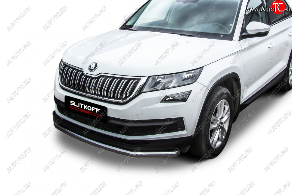 12 299 р. Защита переднего бампера Slitkoff (Ø 57 мм) .  Skoda Kodiaq  NU7 (2017-2021) дорестайлинг (Нержавеющая сталь)  с доставкой в г. Королёв