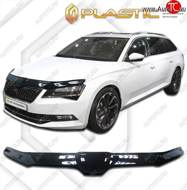 2 999 р. Дефлектор капота CA-Plastik  Skoda Superb ( B8 (3V),  B8 (3V5)) (2015-2025) лифтбэк дорестайлинг, универсал дорестайлинг, лифтбэк рестайлинг, универсал рестайлинг (Classic черный, Без надписи)  с доставкой в г. Королёв