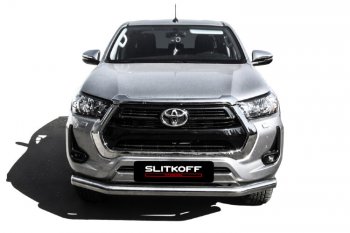 16 649 р. Защита переднего бампера Slitkoff (Ø 76 мм).  Toyota Hilux  AN120 (2017-2020) 1-ый рестайлинг (Нержавеющая сталь)  с доставкой в г. Королёв. Увеличить фотографию 2