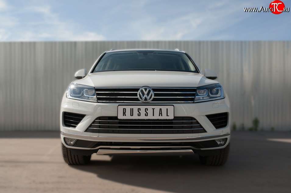 15 649 р. Защита переднего бампера (Ø75х42 мм, нержавейка) Russtal Volkswagen Touareg NF рестайлинг (2014-2018)  с доставкой в г. Королёв