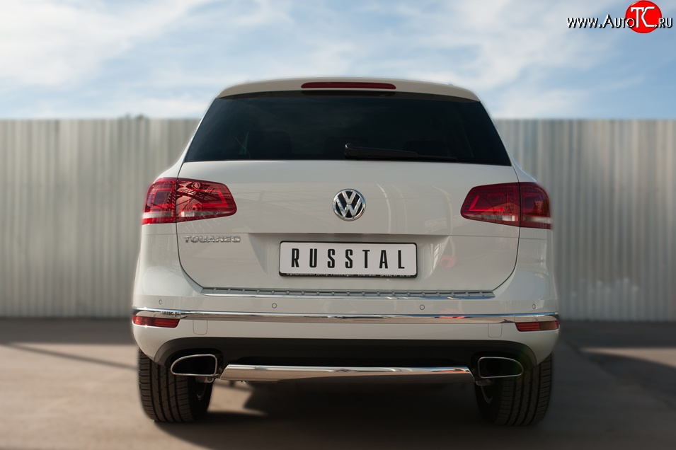 15 649 р. Защита заднего бампера (Ø75x42 мм, нержавейка) Russtal Volkswagen Touareg NF рестайлинг (2014-2018)  с доставкой в г. Королёв