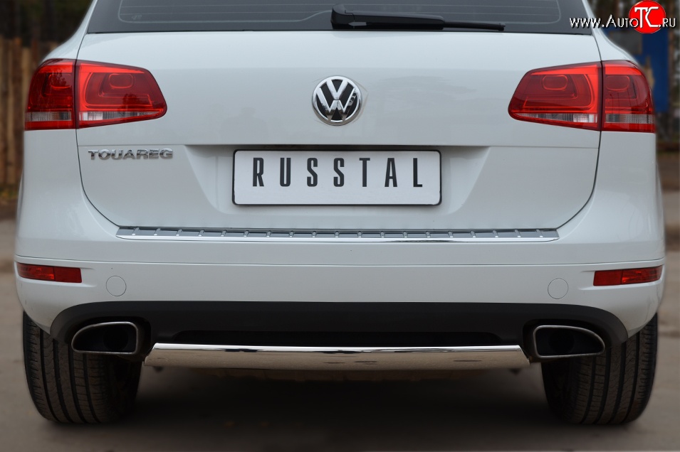 16 849 р. Защита заднего бампера (Ø75x42 мм, нержавейка) Russtal Volkswagen Touareg NF дорестайлинг (2010-2014)  с доставкой в г. Королёв